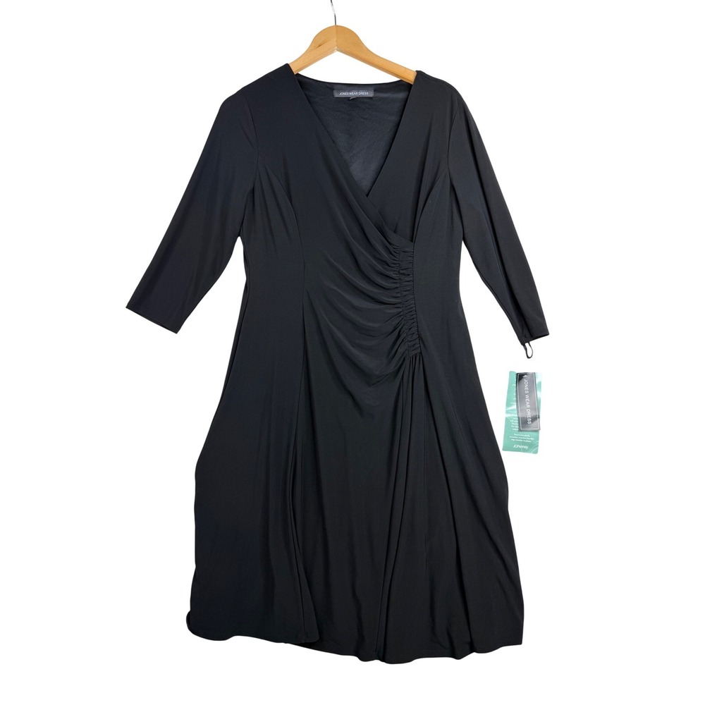 New Jones Wear Dress Faux‎ Wrap 3/4 Sleeve Dress size 14 Black